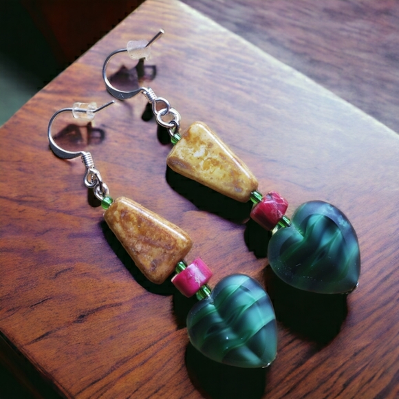 Green & Tan Beaded Heart Handcrafted Earrings - Picture 1 of 6